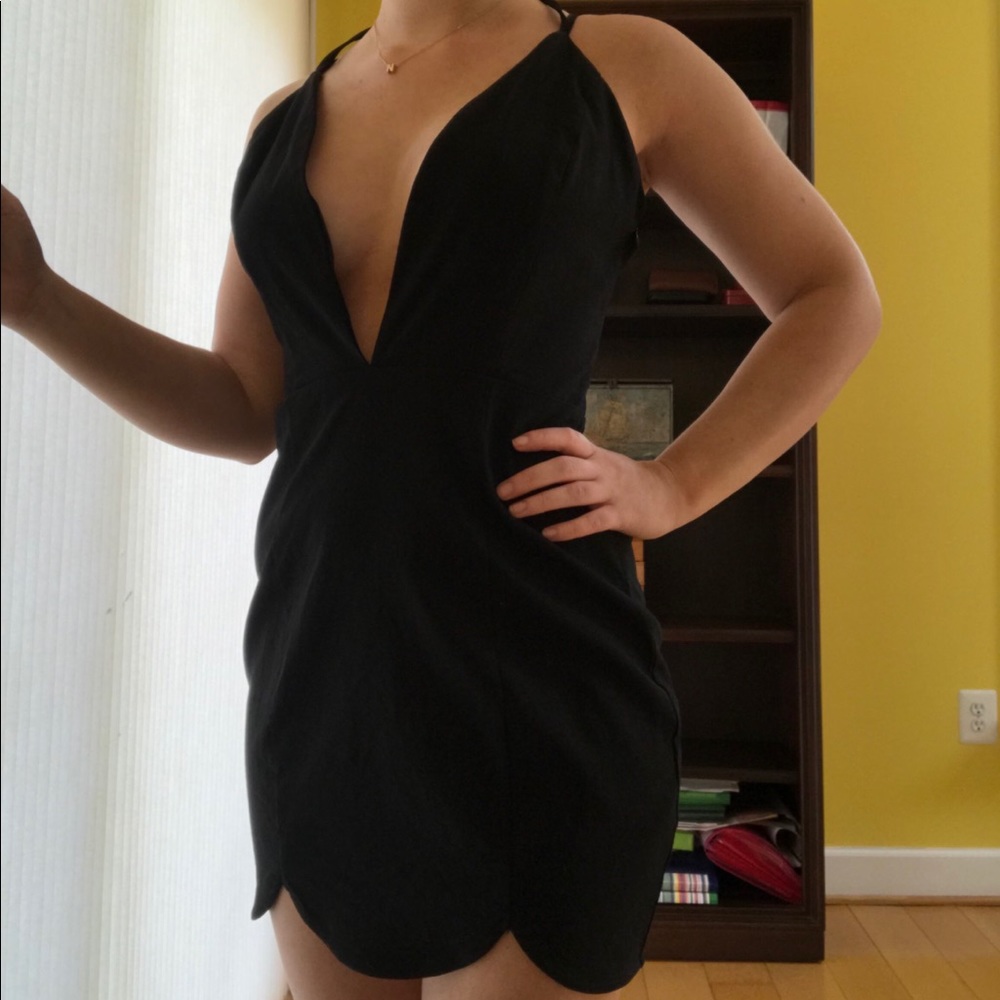 Black V neck, strappy, scalloped bottom mini dress